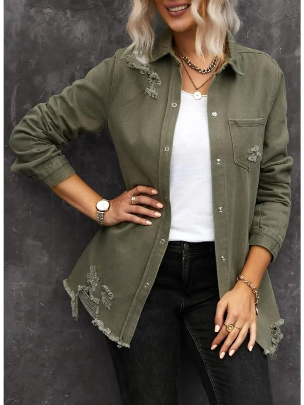 Women's Khaki Denim Button Down Oversized Distressed Boyfriend Jean Jacket
